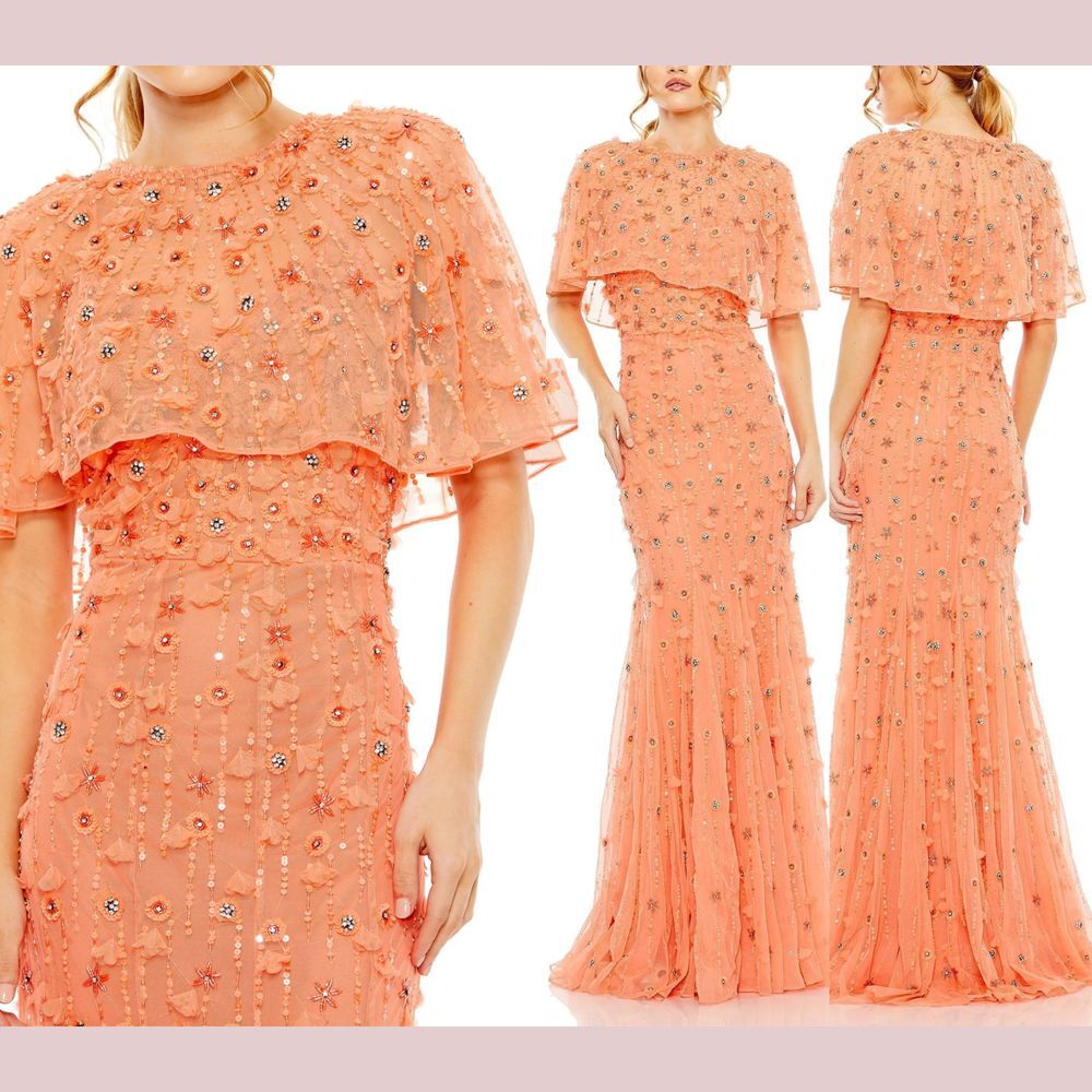 NWT Mac Duggal [ 18 ] 93653 Embellished Cape Sleeve Trumpet Gown‎ Coral Orange